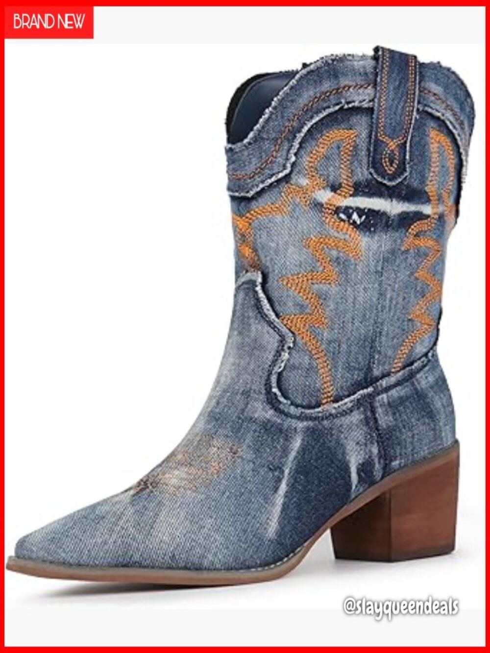 Women's Embroidered Western Booties Pointed Toe Chunky Heel Pull On